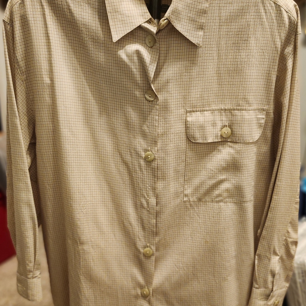 Giorgio Armani Vintage Silk Beige Plaid Button Down Shirt